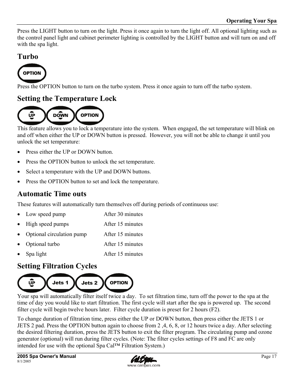 Turbo, Setting the temperature lock, Automatic time outs | Setting filtration cycles | Cal Spas LTR20051000 User Manual | Page 21 / 120