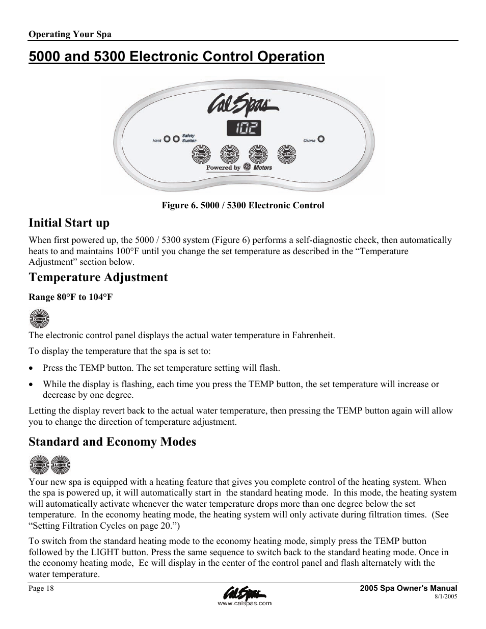 5000 and 5300 electronic control operation, Initial start up, Temperature adjustment | Standard and economy modes | Cal Spas LTR20051000 User Manual | Page 22 / 120