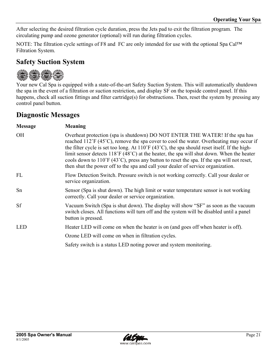 Safety suction system, Diagnostic messages | Cal Spas LTR20051000 User Manual | Page 25 / 120