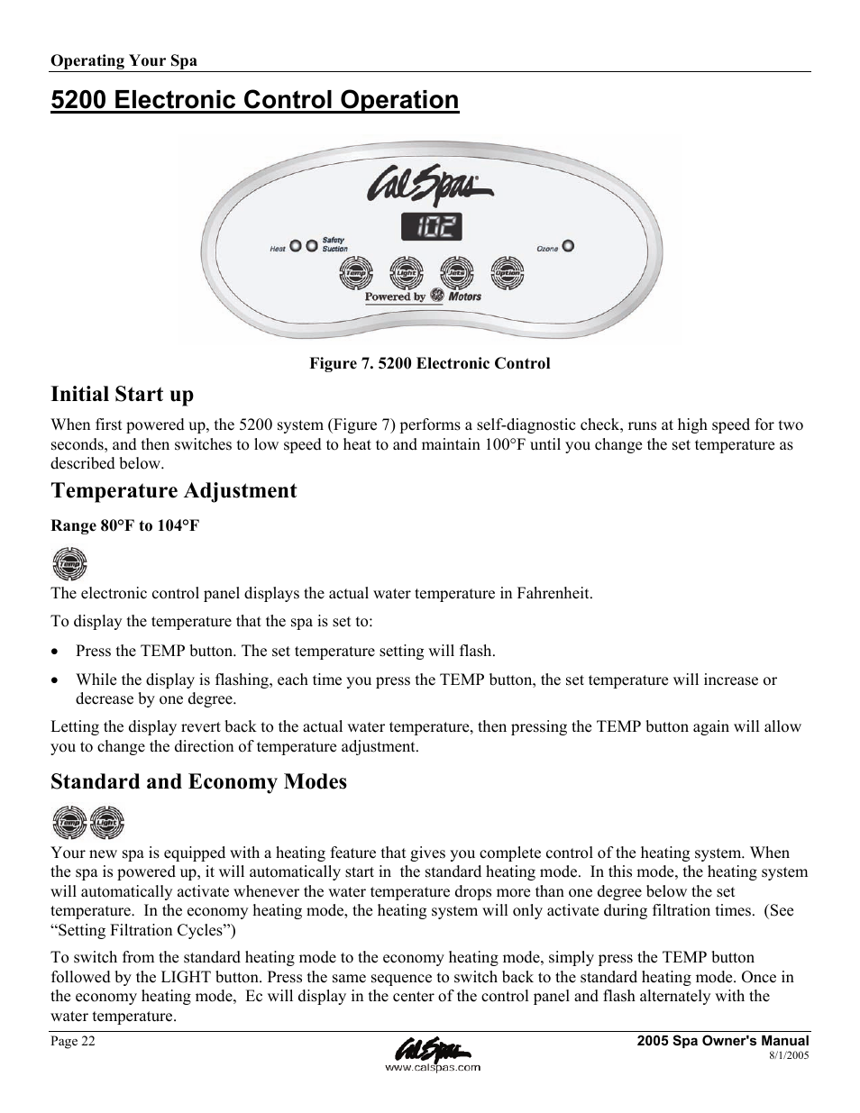 5200 electronic control operation, Initial start up, Temperature adjustment | Standard and economy modes | Cal Spas LTR20051000 User Manual | Page 26 / 120