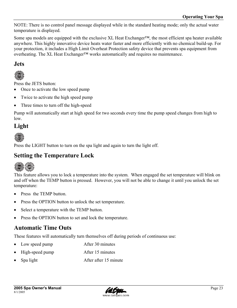 Jets, Light, Setting the temperature lock | Automatic time outs | Cal Spas LTR20051000 User Manual | Page 27 / 120