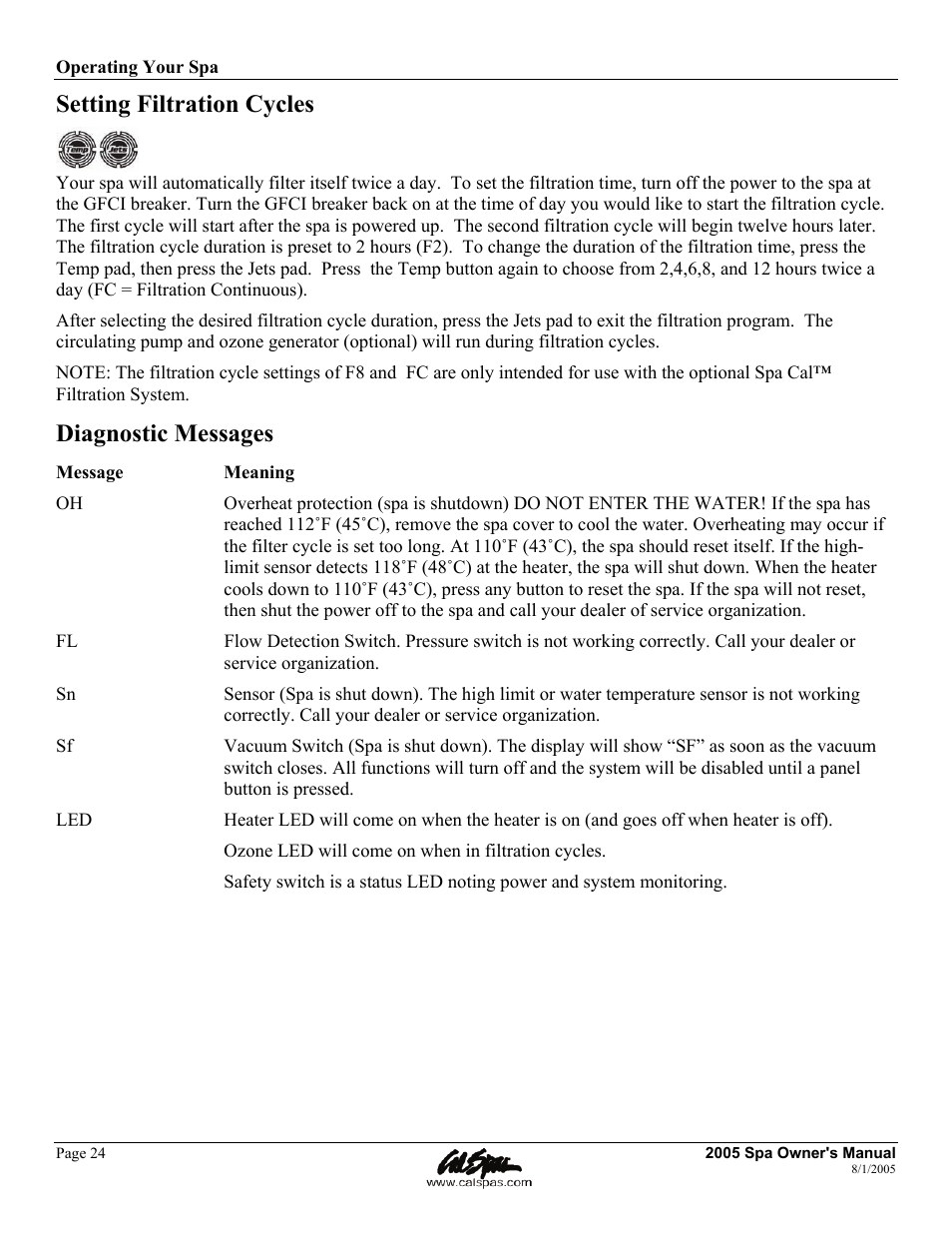 Setting filtration cycles, Diagnostic messages | Cal Spas LTR20051000 User Manual | Page 28 / 120