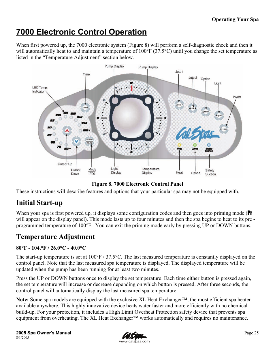 7000 electronic control operation, Initial start-up, Temperature adjustment | Cal Spas LTR20051000 User Manual | Page 29 / 120