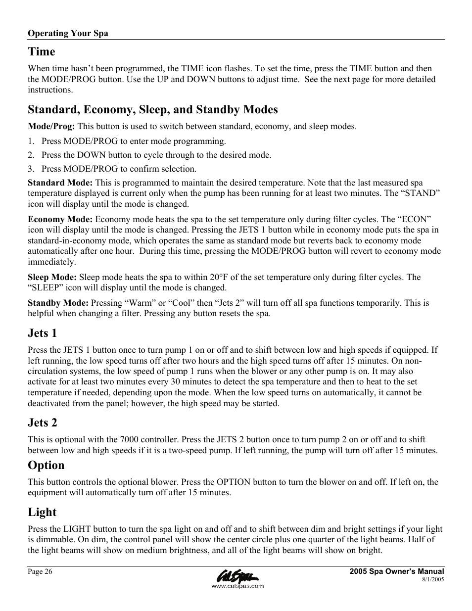 Time, Standard, economy, sleep, and standby modes, Jets 1 | Jets 2, Option, Light | Cal Spas LTR20051000 User Manual | Page 30 / 120