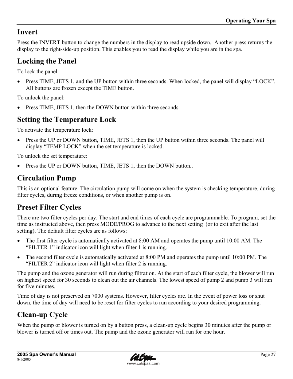 Invert, Locking the panel, Setting the temperature lock | Circulation pump, Preset filter cycles, Clean-up cycle | Cal Spas LTR20051000 User Manual | Page 31 / 120