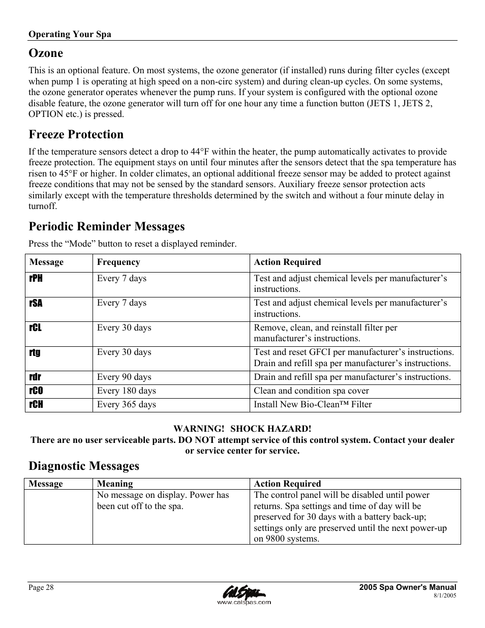 Ozone, Freeze protection, Periodic reminder messages | Diagnostic messages | Cal Spas LTR20051000 User Manual | Page 32 / 120