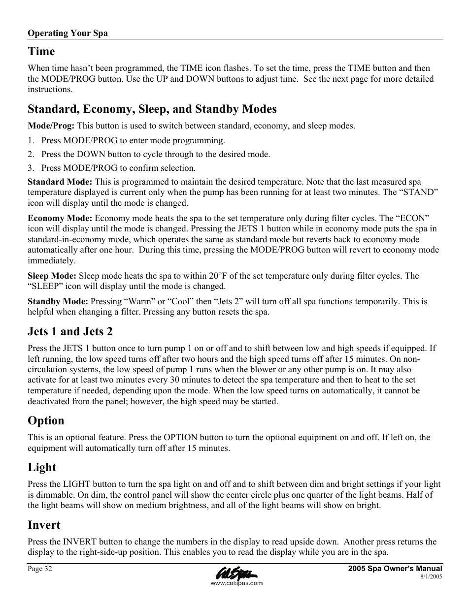 Time, Standard, economy, sleep, and standby modes, Jets 1 and jets 2 | Option, Light, Invert | Cal Spas LTR20051000 User Manual | Page 36 / 120