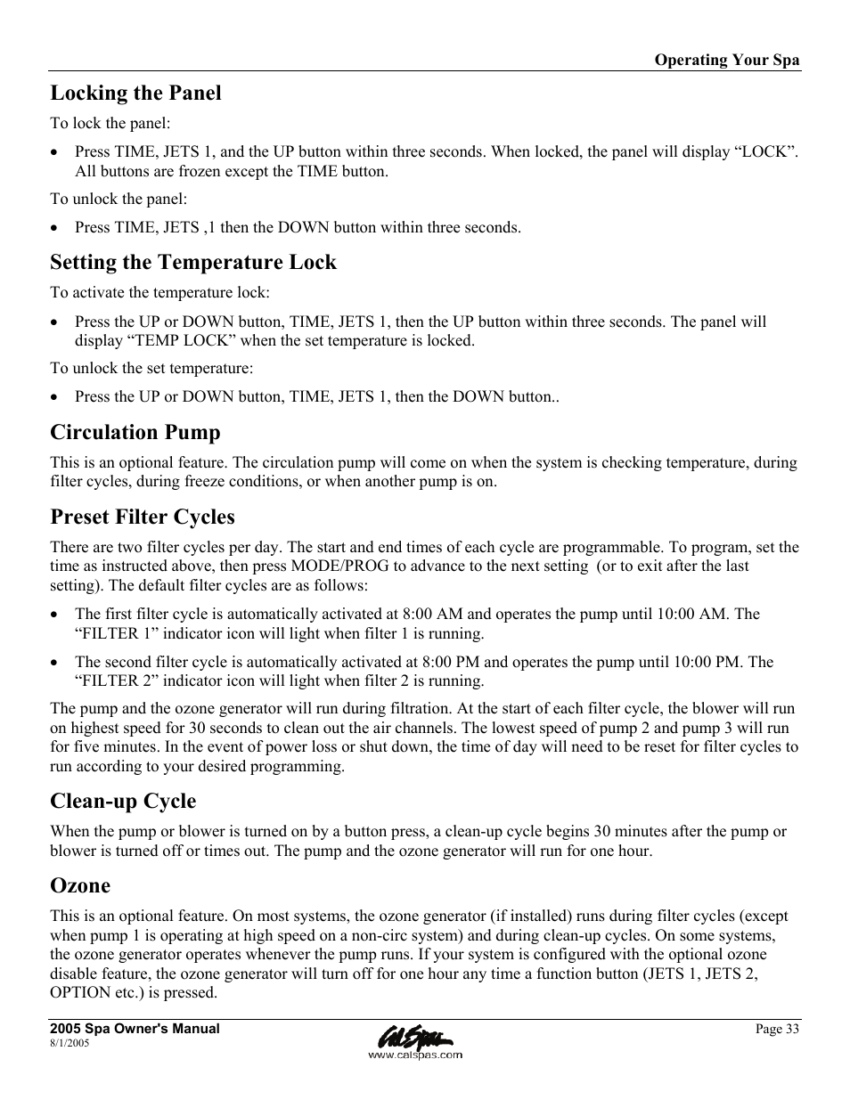 Locking the panel, Setting the temperature lock, Circulation pump | Preset filter cycles, Clean-up cycle, Ozone | Cal Spas LTR20051000 User Manual | Page 37 / 120