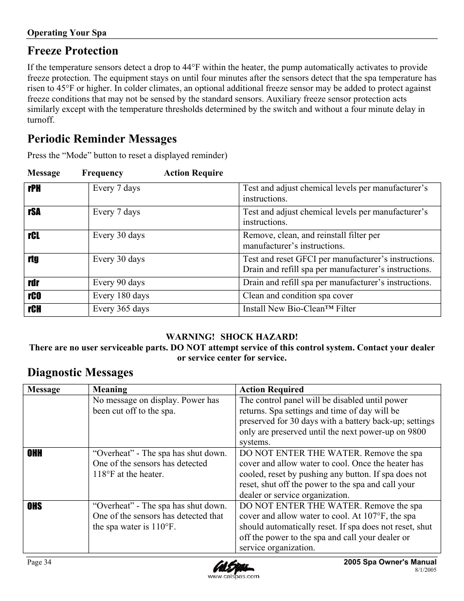 Freeze protection, Periodic reminder messages, Diagnostic messages | Cal Spas LTR20051000 User Manual | Page 38 / 120