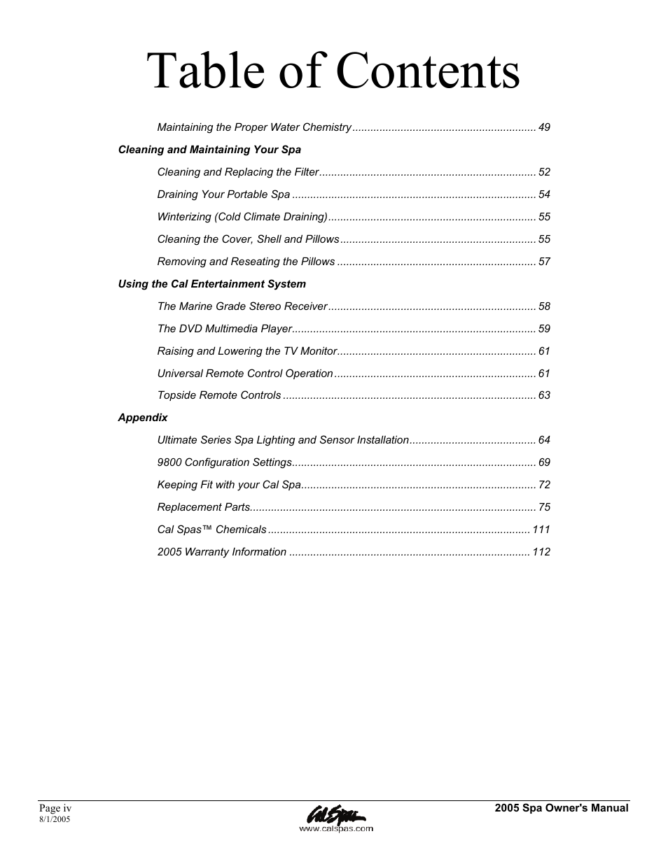 Cal Spas LTR20051000 User Manual | Page 4 / 120