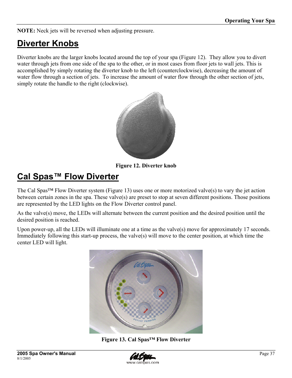 Diverter knobs, Cal spas™ flow diverter | Cal Spas LTR20051000 User Manual | Page 41 / 120