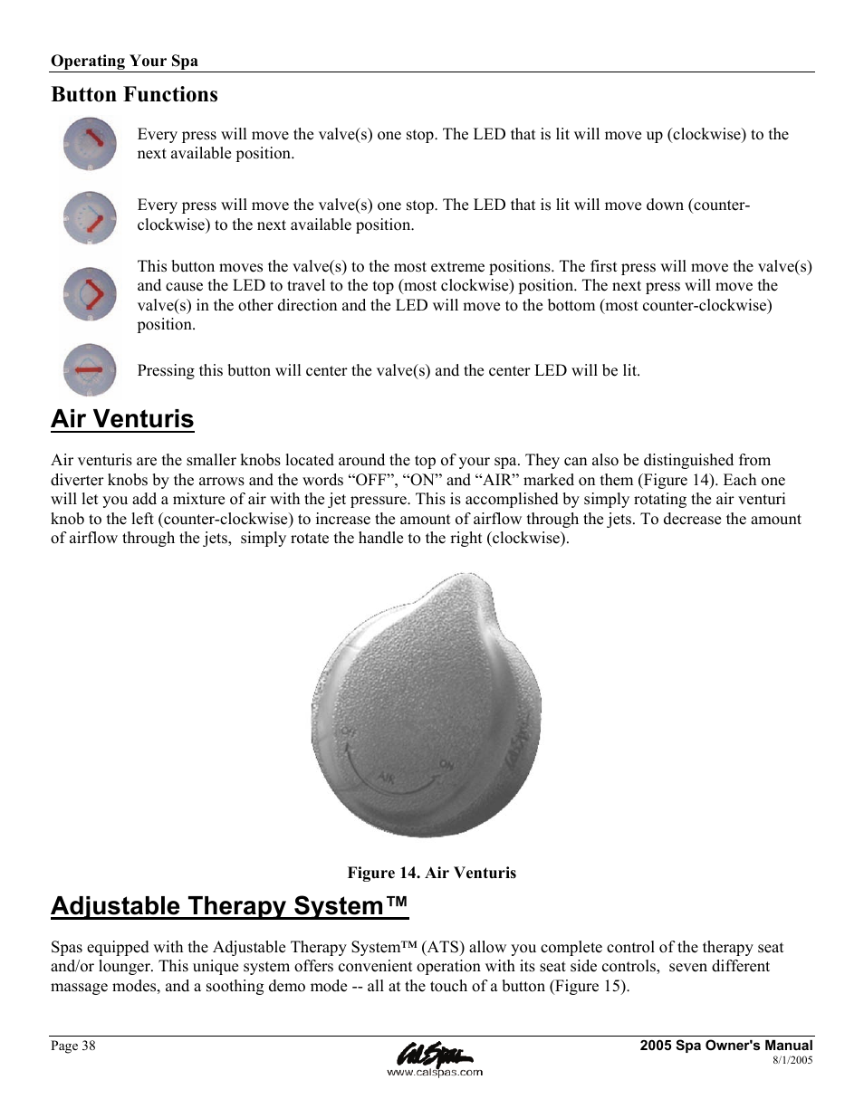 Air venturis, Adjustable therapy system, Button functions | Cal Spas LTR20051000 User Manual | Page 42 / 120