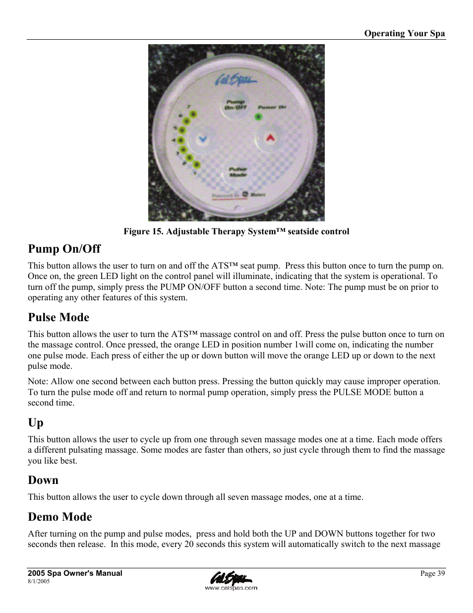 Pump on/off, Pulse mode, Down | Demo mode | Cal Spas LTR20051000 User Manual | Page 43 / 120