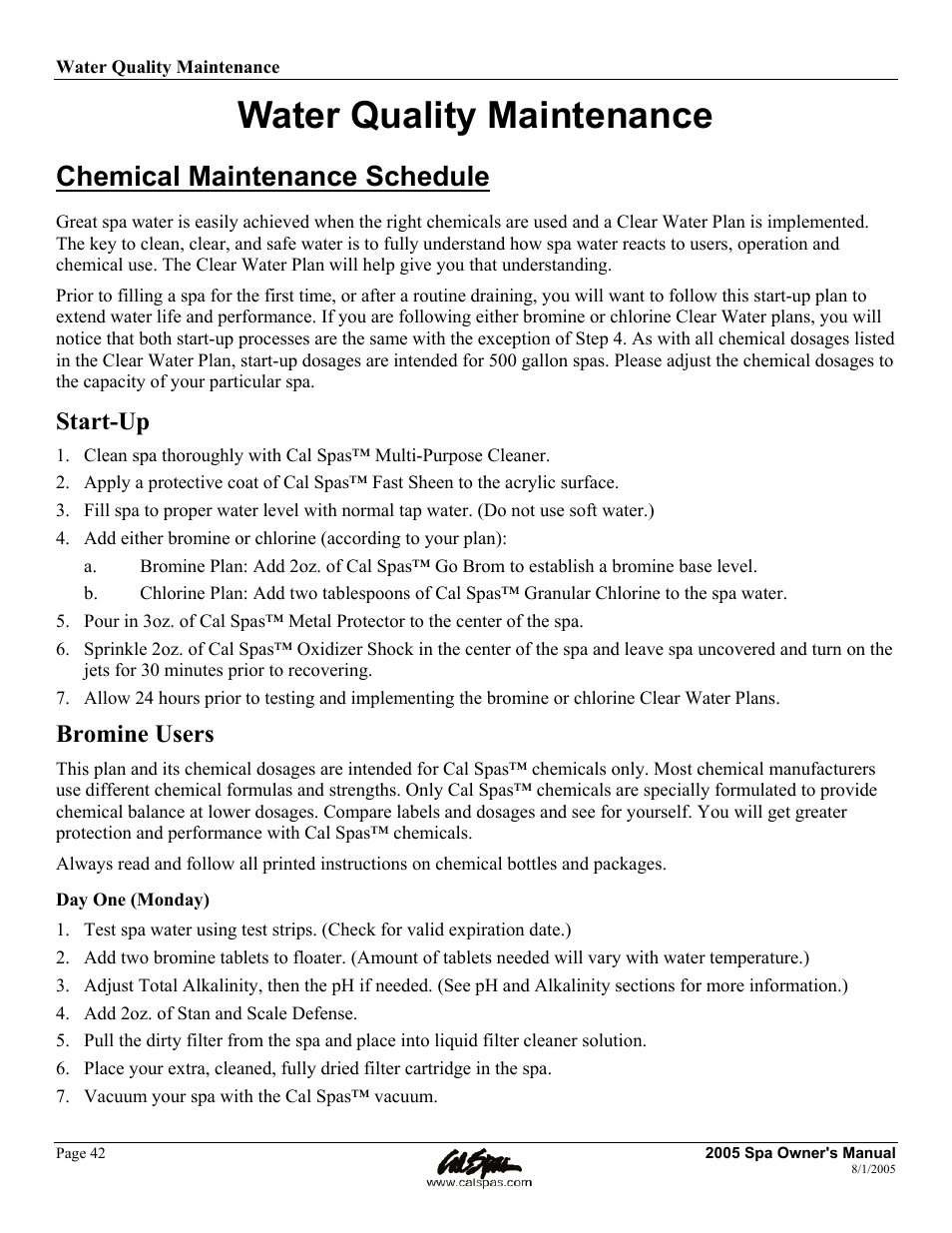 Water quality maintenance, Chemical maintenance schedule, Start-up | Bromine users | Cal Spas LTR20051000 User Manual | Page 46 / 120