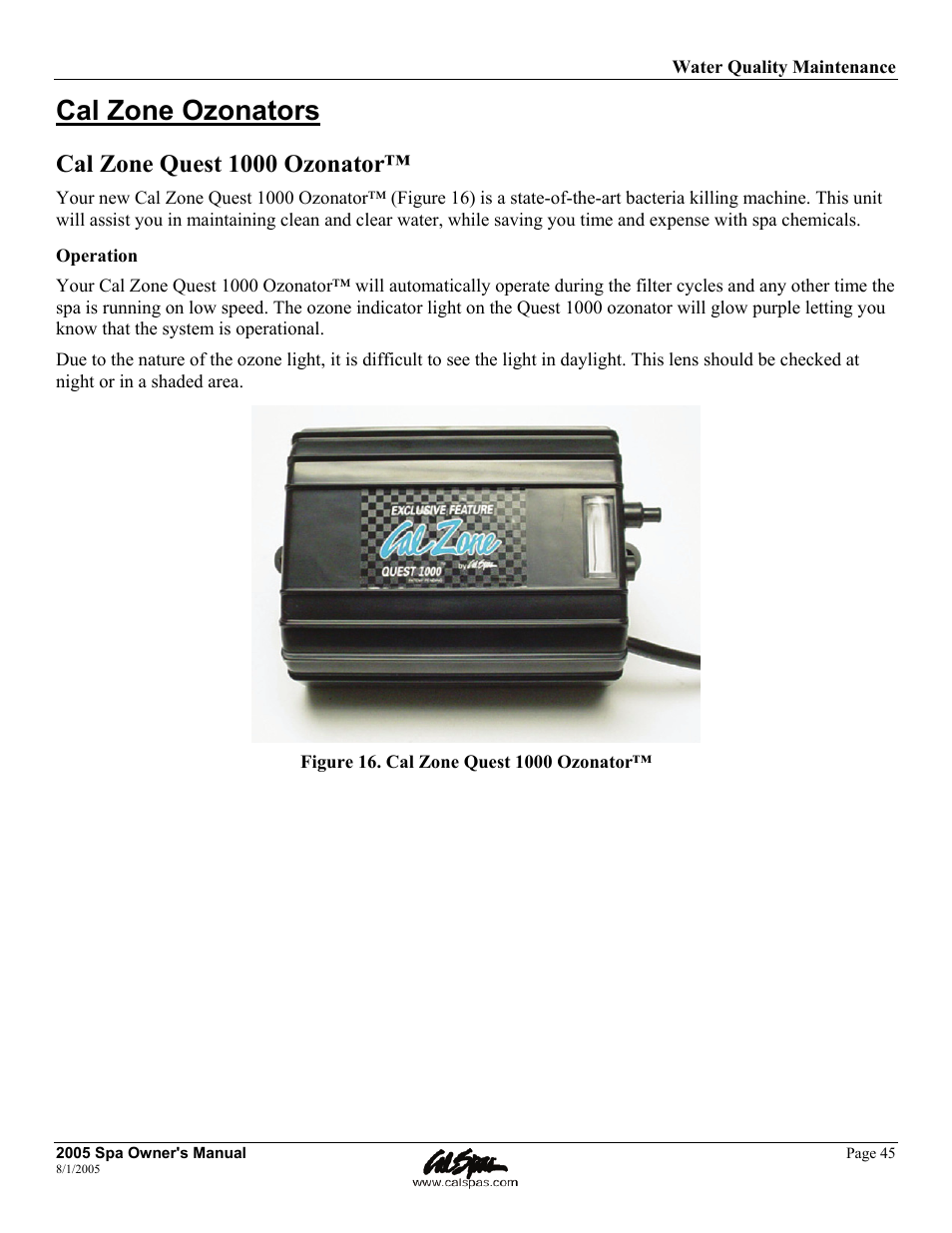 Cal zone ozonators, Cal zone quest 1000 ozonator | Cal Spas LTR20051000 User Manual | Page 49 / 120