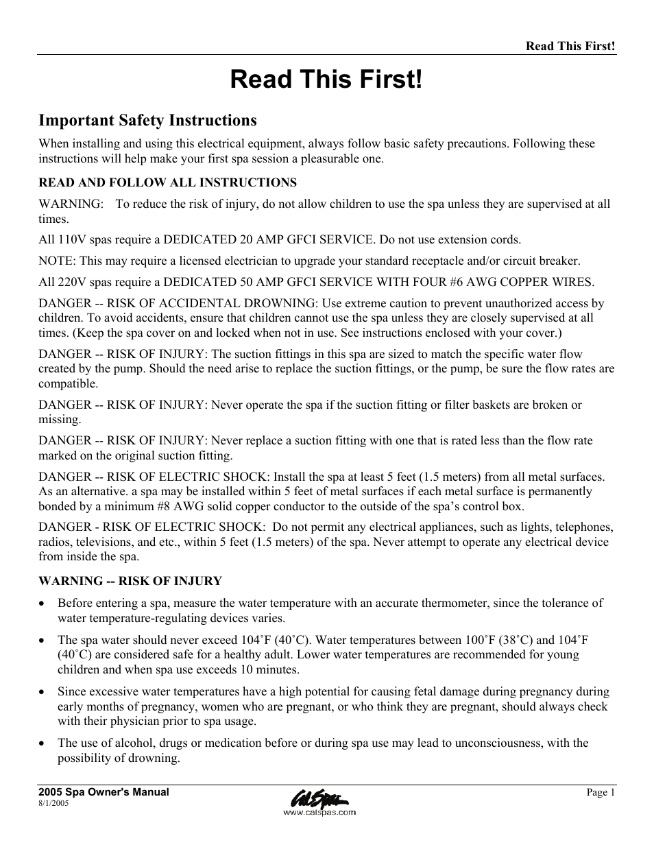 Read this first, Important safety instructions | Cal Spas LTR20051000 User Manual | Page 5 / 120