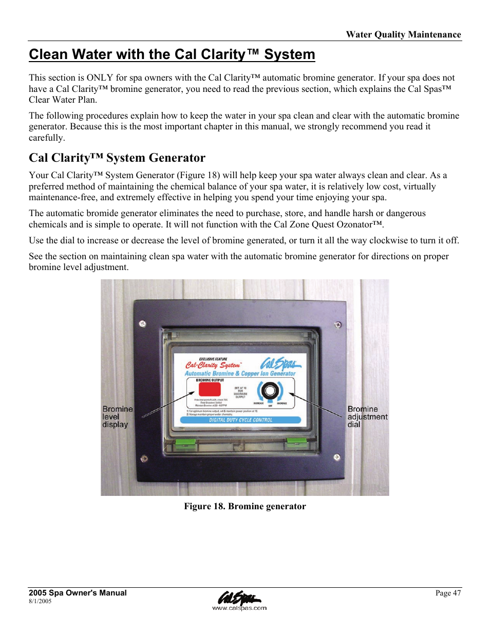 Clean water with the cal clarity™ system, Cal clarity™ system generator | Cal Spas LTR20051000 User Manual | Page 51 / 120