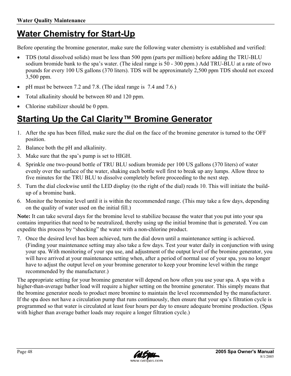 Water chemistry for start-up, Starting up the cal clarity™ bromine generator | Cal Spas LTR20051000 User Manual | Page 52 / 120
