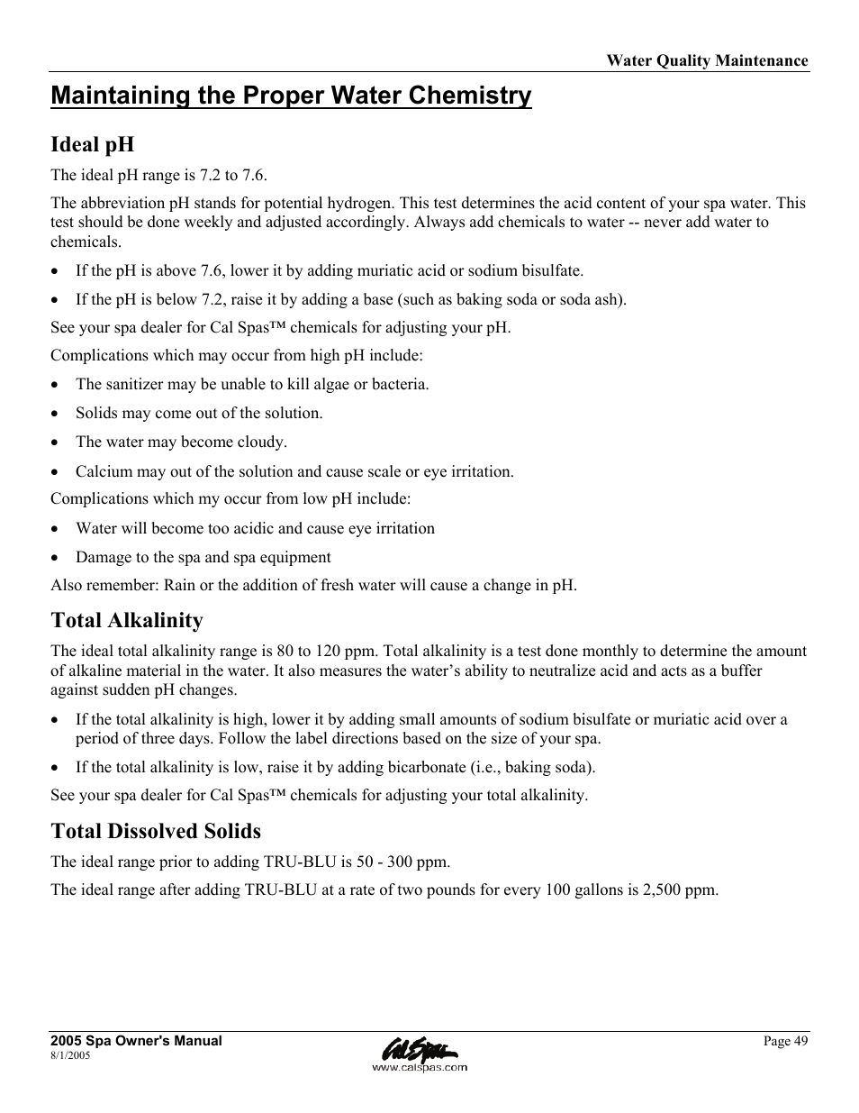 Maintaining the proper water chemistry, Ideal ph, Total alkalinity | Total dissolved solids | Cal Spas LTR20051000 User Manual | Page 53 / 120