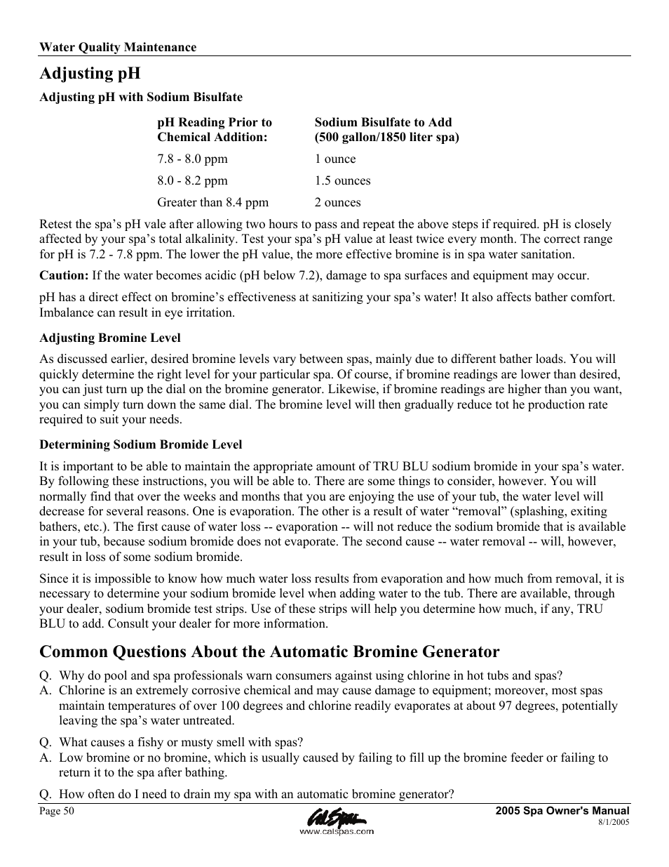 Adjusting ph | Cal Spas LTR20051000 User Manual | Page 54 / 120