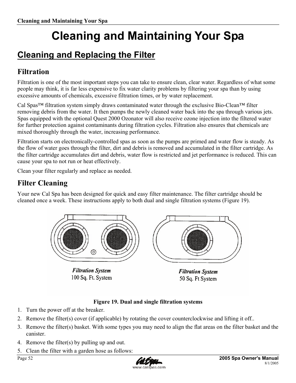 Cleaning and maintaining your spa, Cleaning and replacing the filter, Filtration | Filter cleaning | Cal Spas LTR20051000 User Manual | Page 56 / 120