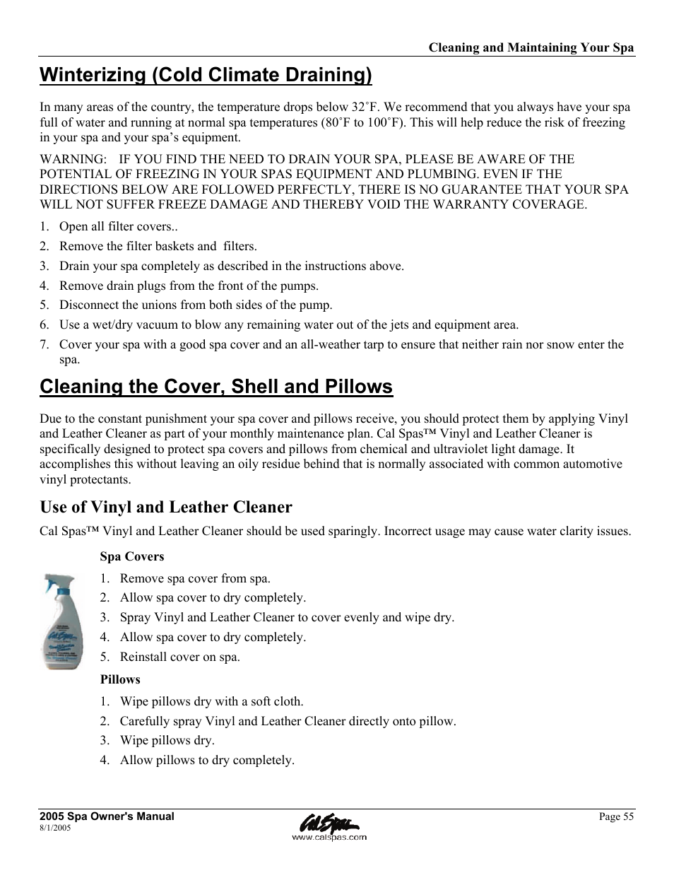 Winterizing (cold climate draining), Cleaning the cover, shell and pillows, Use of vinyl and leather cleaner | Cal Spas LTR20051000 User Manual | Page 59 / 120