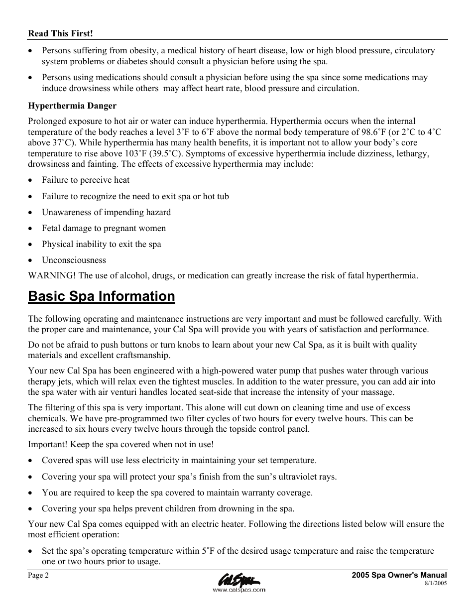 Basic spa information | Cal Spas LTR20051000 User Manual | Page 6 / 120