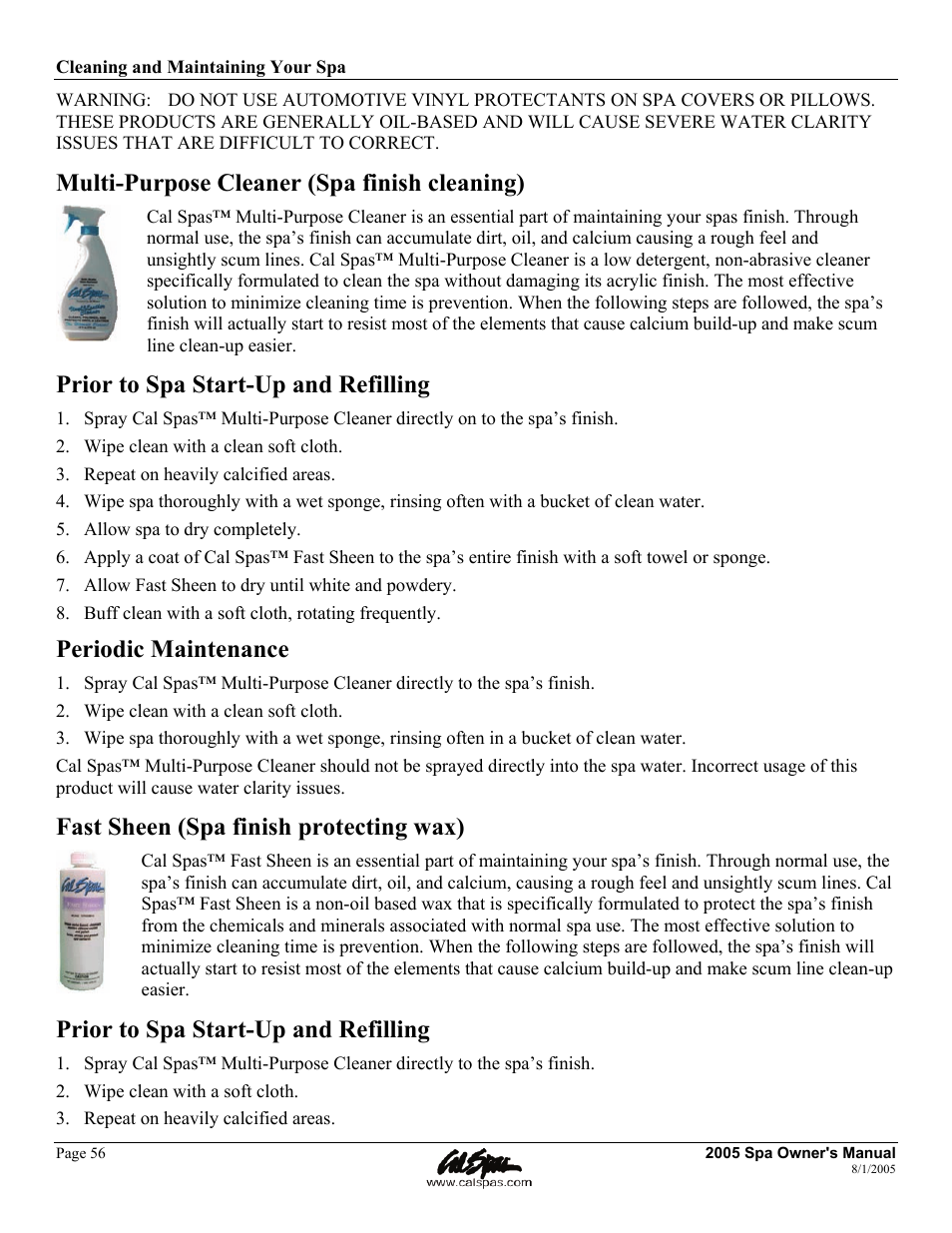 Multi-purpose cleaner (spa finish cleaning), Prior to spa start-up and refilling, Periodic maintenance | Fast sheen (spa finish protecting wax) | Cal Spas LTR20051000 User Manual | Page 60 / 120