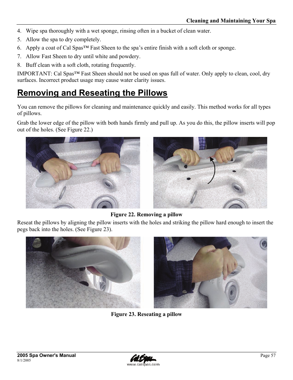 Removing and reseating the pillows | Cal Spas LTR20051000 User Manual | Page 61 / 120