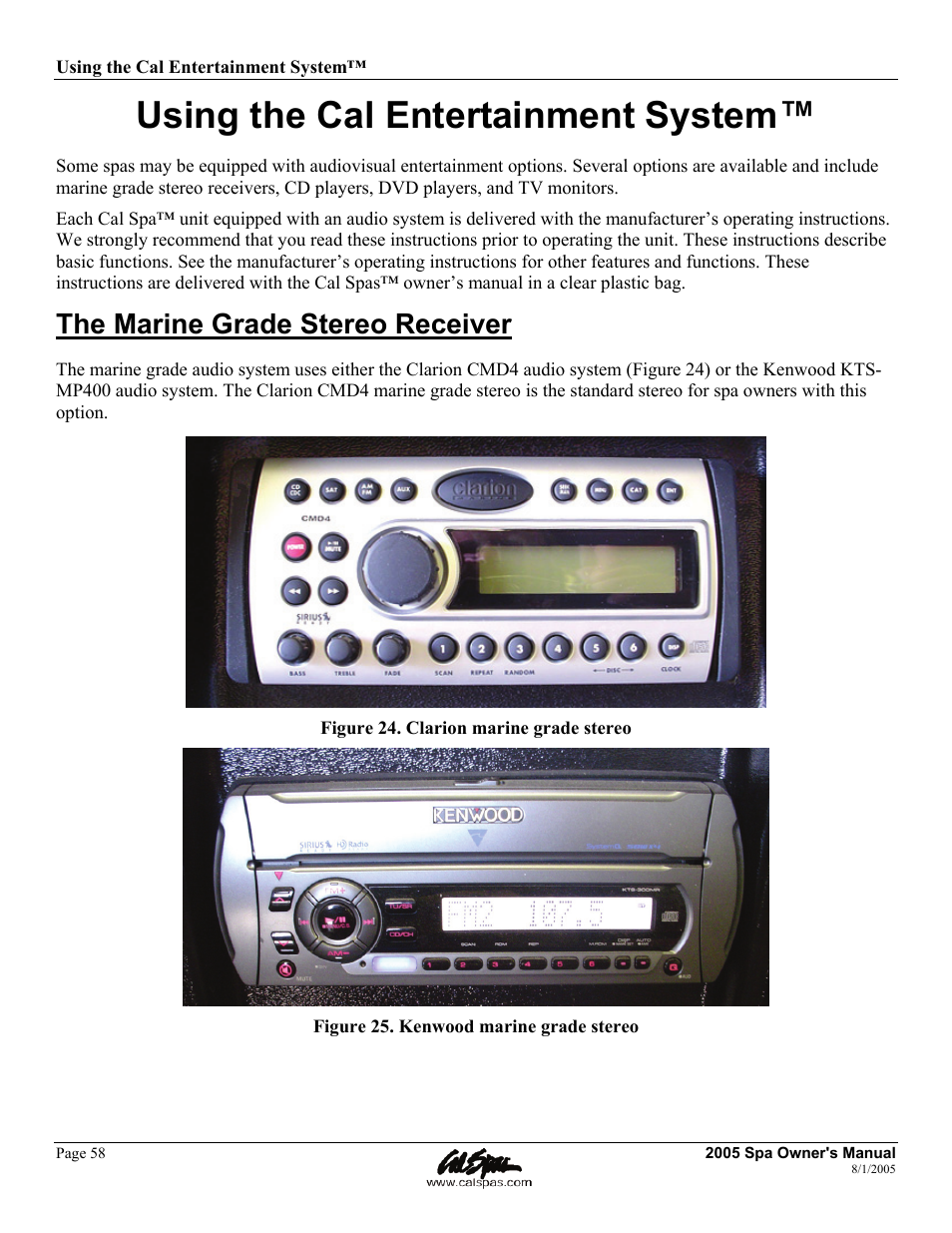 Using the cal entertainment system, The marine grade stereo receiver | Cal Spas LTR20051000 User Manual | Page 62 / 120