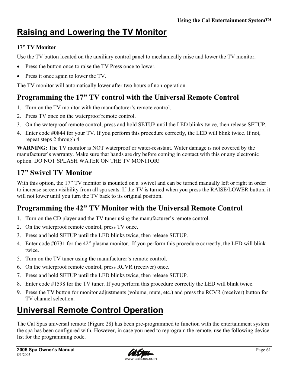 Raising and lowering the tv monitor, Universal remote control operation, 17” swivel tv monitor | Cal Spas LTR20051000 User Manual | Page 65 / 120