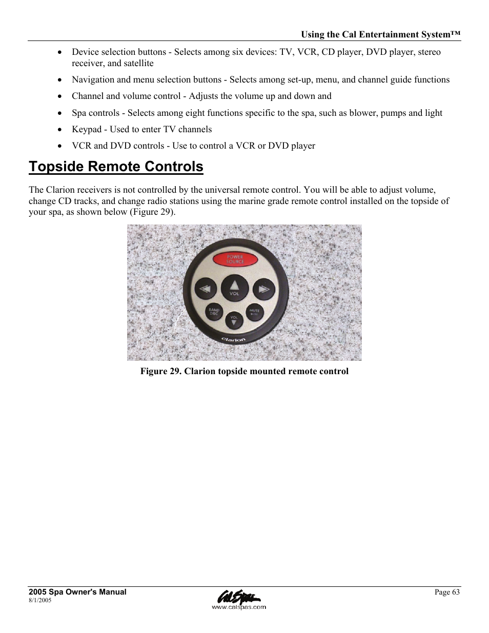 Topside remote controls | Cal Spas LTR20051000 User Manual | Page 67 / 120