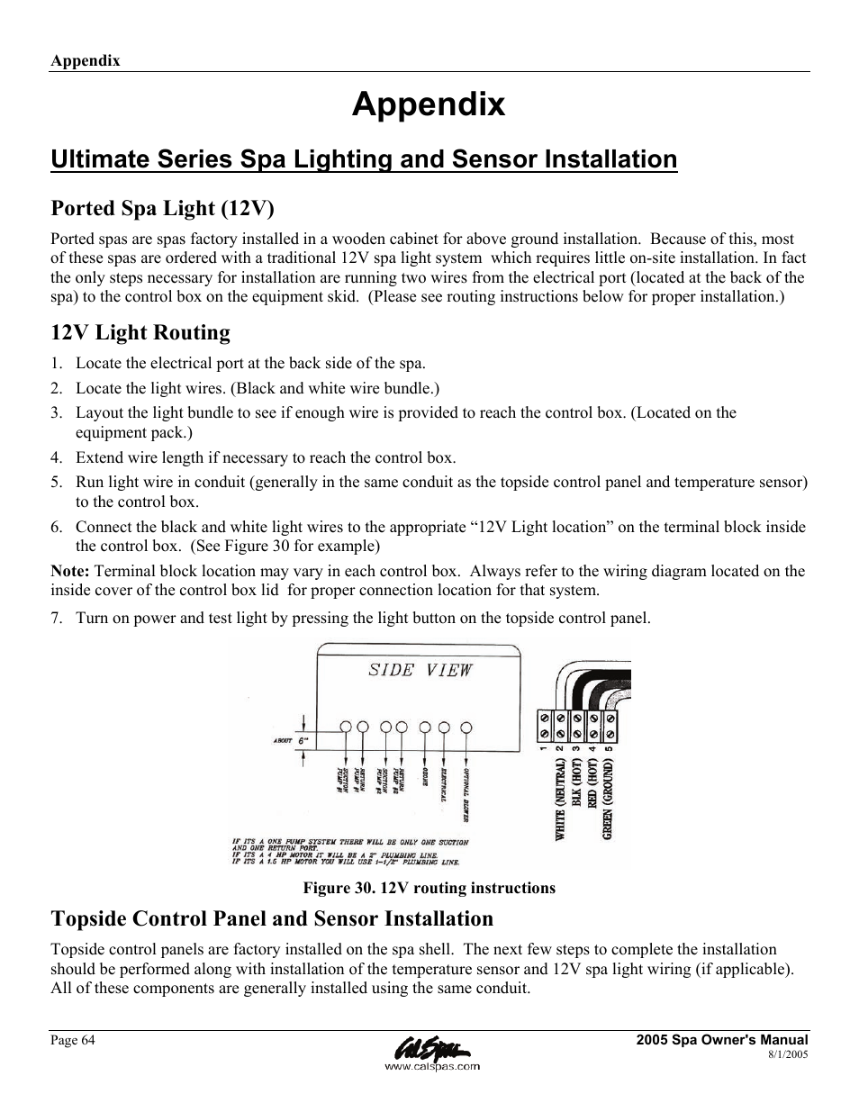 Appendix, Ported spa light (12v), 12v light routing | Topside control panel and sensor installation | Cal Spas LTR20051000 User Manual | Page 68 / 120