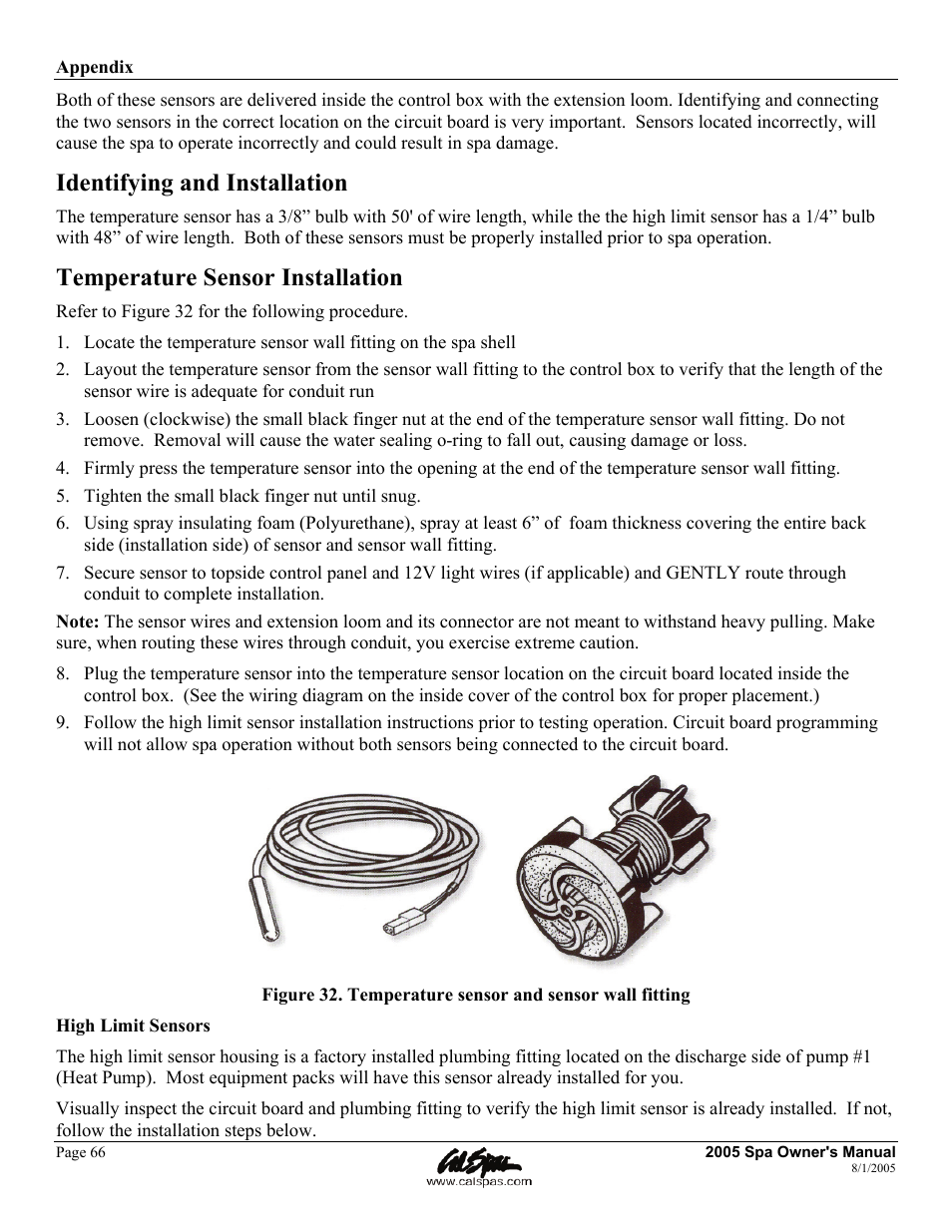 Identifying and installation, Temperature sensor installation | Cal Spas LTR20051000 User Manual | Page 70 / 120