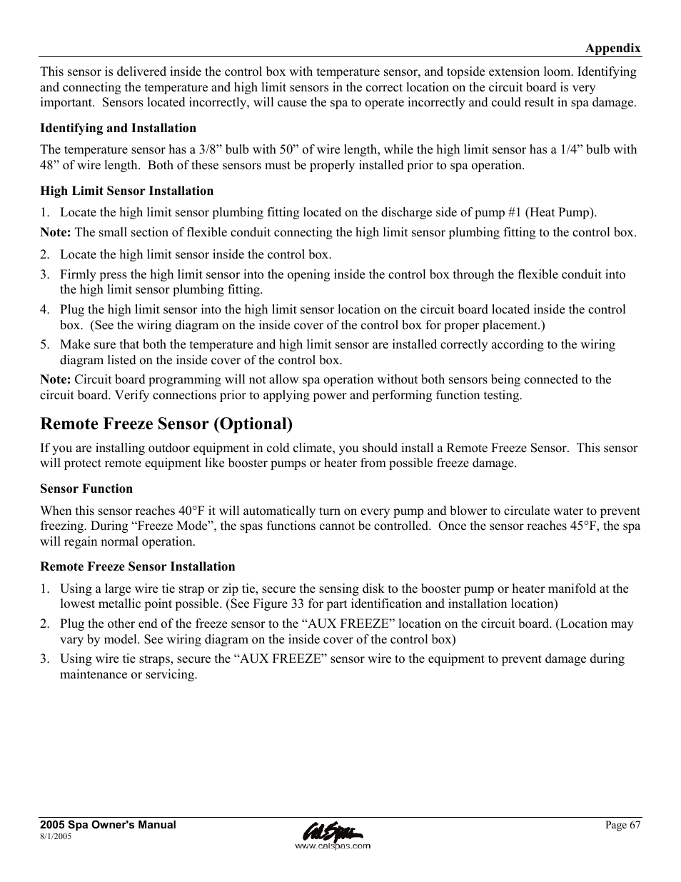 Remote freeze sensor (optional) | Cal Spas LTR20051000 User Manual | Page 71 / 120