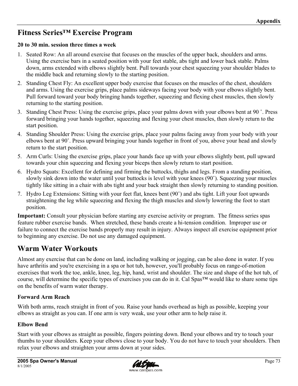 Fitness series™ exercise program, Warm water workouts | Cal Spas LTR20051000 User Manual | Page 77 / 120