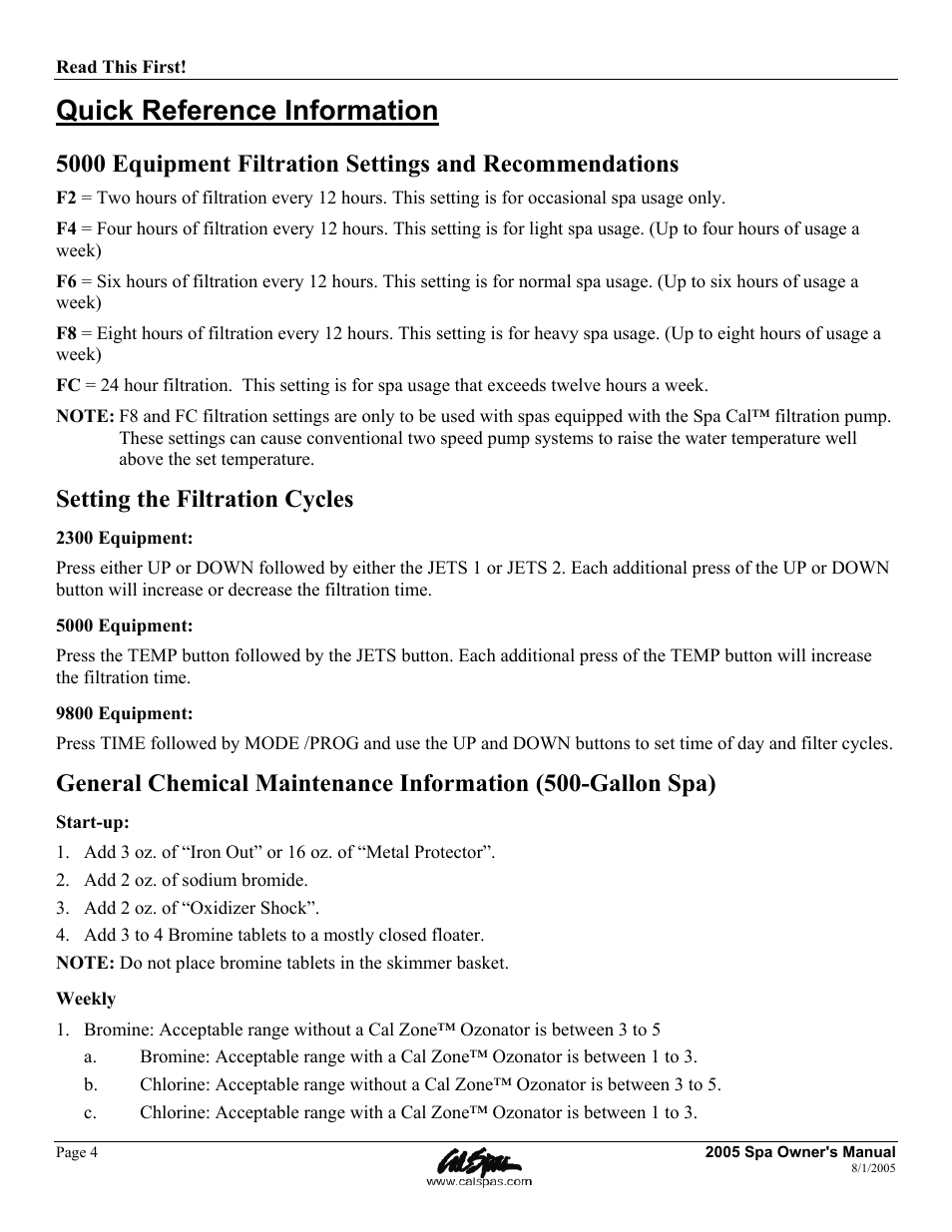 Quick reference information, Setting the filtration cycles | Cal Spas LTR20051000 User Manual | Page 8 / 120