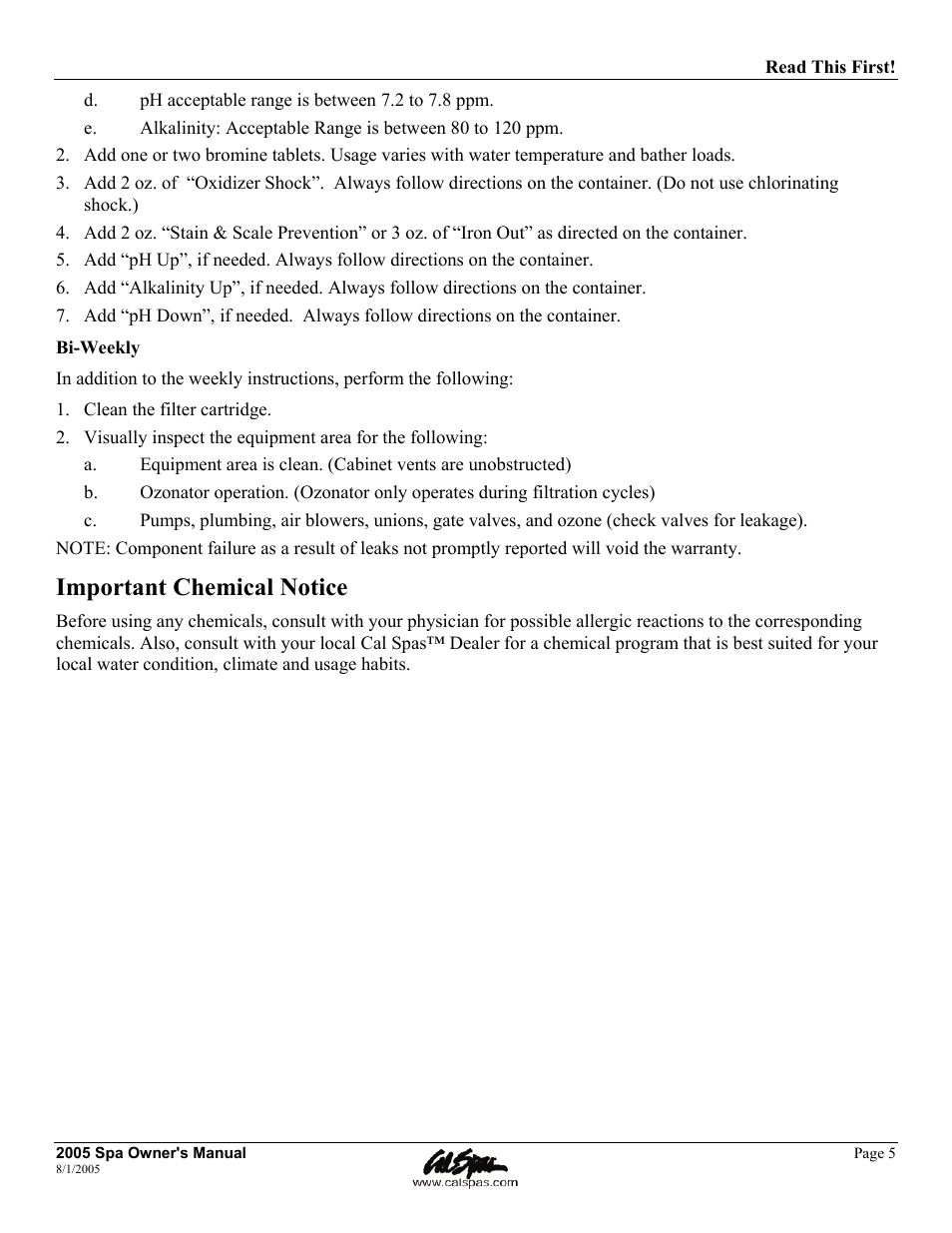 Important chemical notice | Cal Spas LTR20051000 User Manual | Page 9 / 120