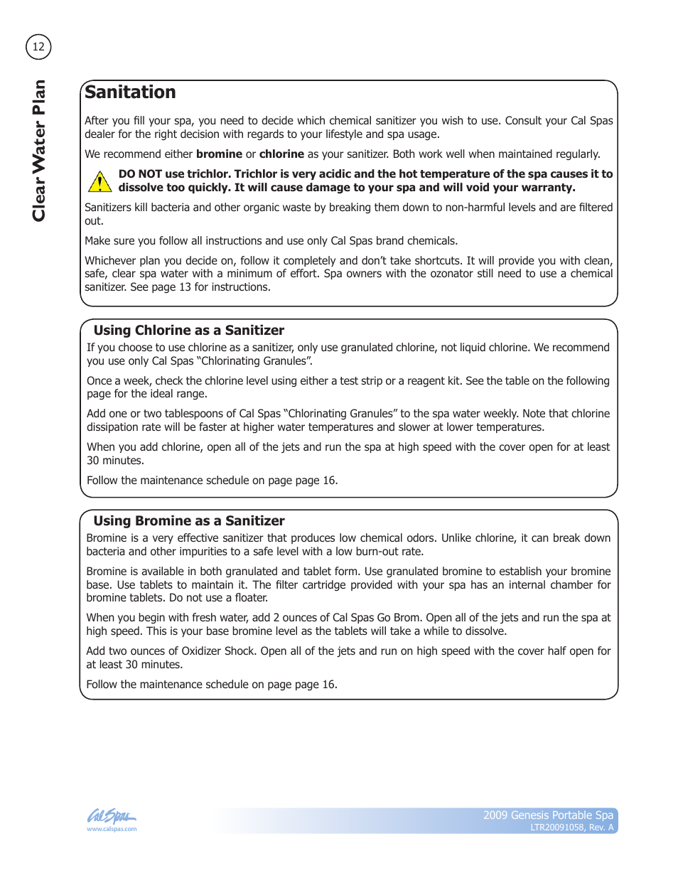 Sanitation, Clear w ater plan | Cal Spas Genesis Portable Spa User Manual | Page 14 / 28