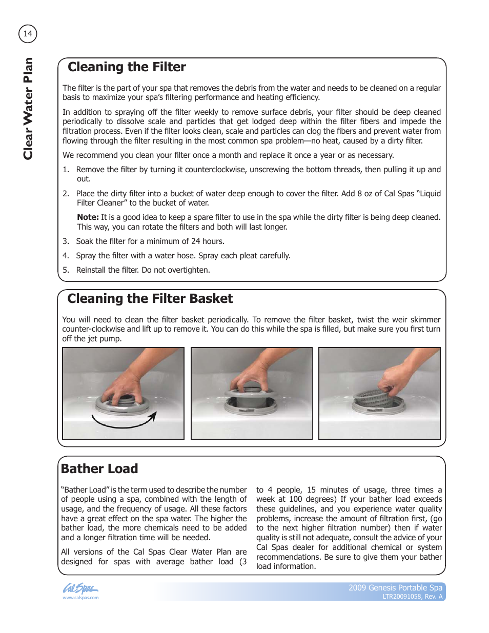 Cleaning the filter, Cleaning the filter basket, Bather load | Clear w ater plan, Bather load cleaning the filter | Cal Spas Genesis Portable Spa User Manual | Page 16 / 28
