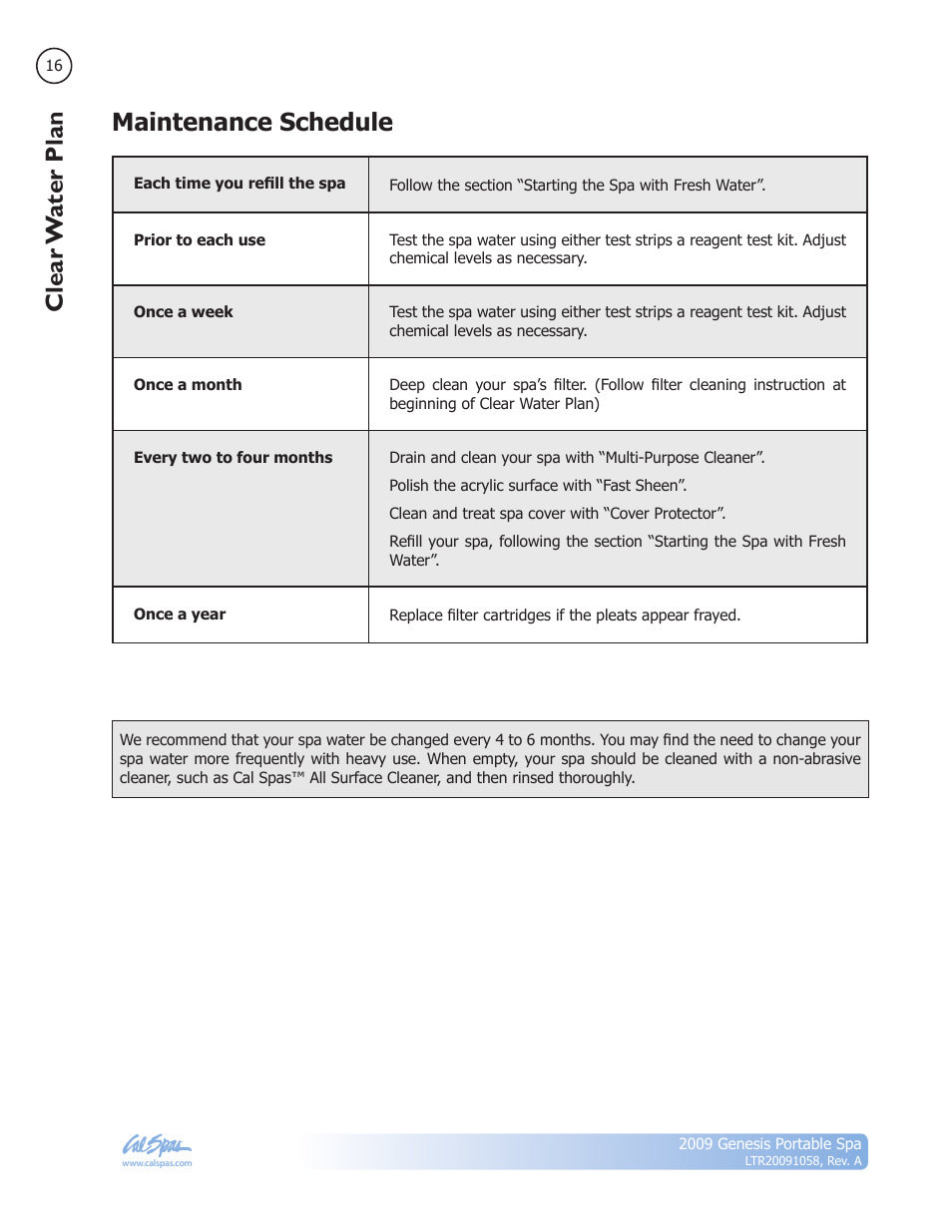 Maintenance schedule, Clear w ater plan | Cal Spas Genesis Portable Spa User Manual | Page 18 / 28