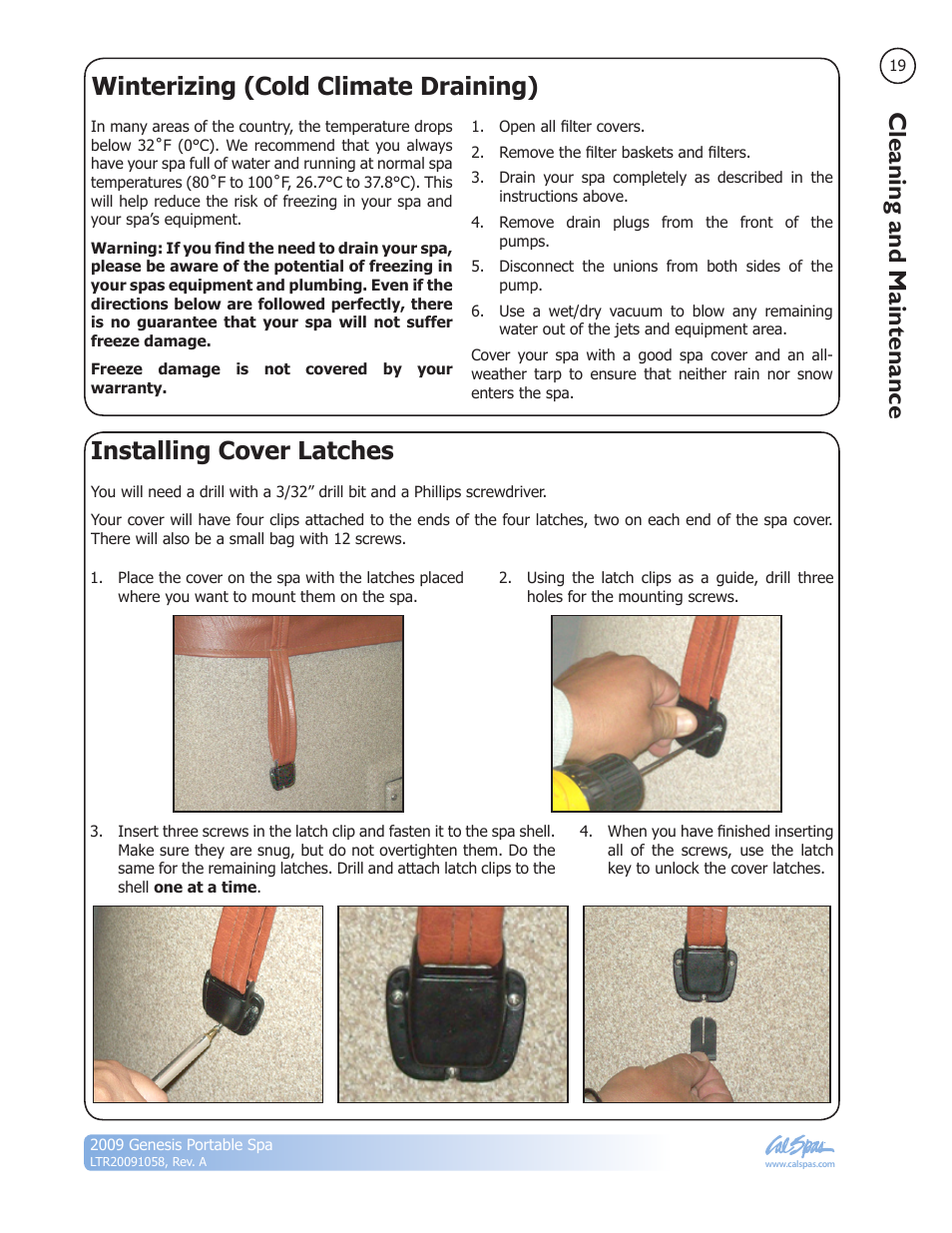 Winterizing (cold climate draining), Installing cover latches, Cleaning and maintenance | Cal Spas Genesis Portable Spa User Manual | Page 21 / 28