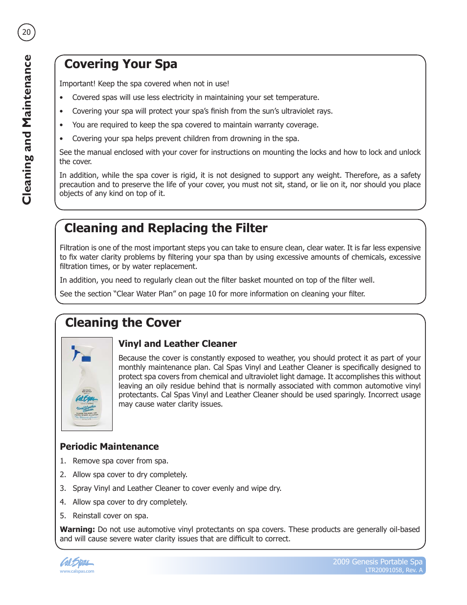 Covering your spa, Cleaning and replacing the filter, Cleaning the cover | Cleaning and maintenance | Cal Spas Genesis Portable Spa User Manual | Page 22 / 28
