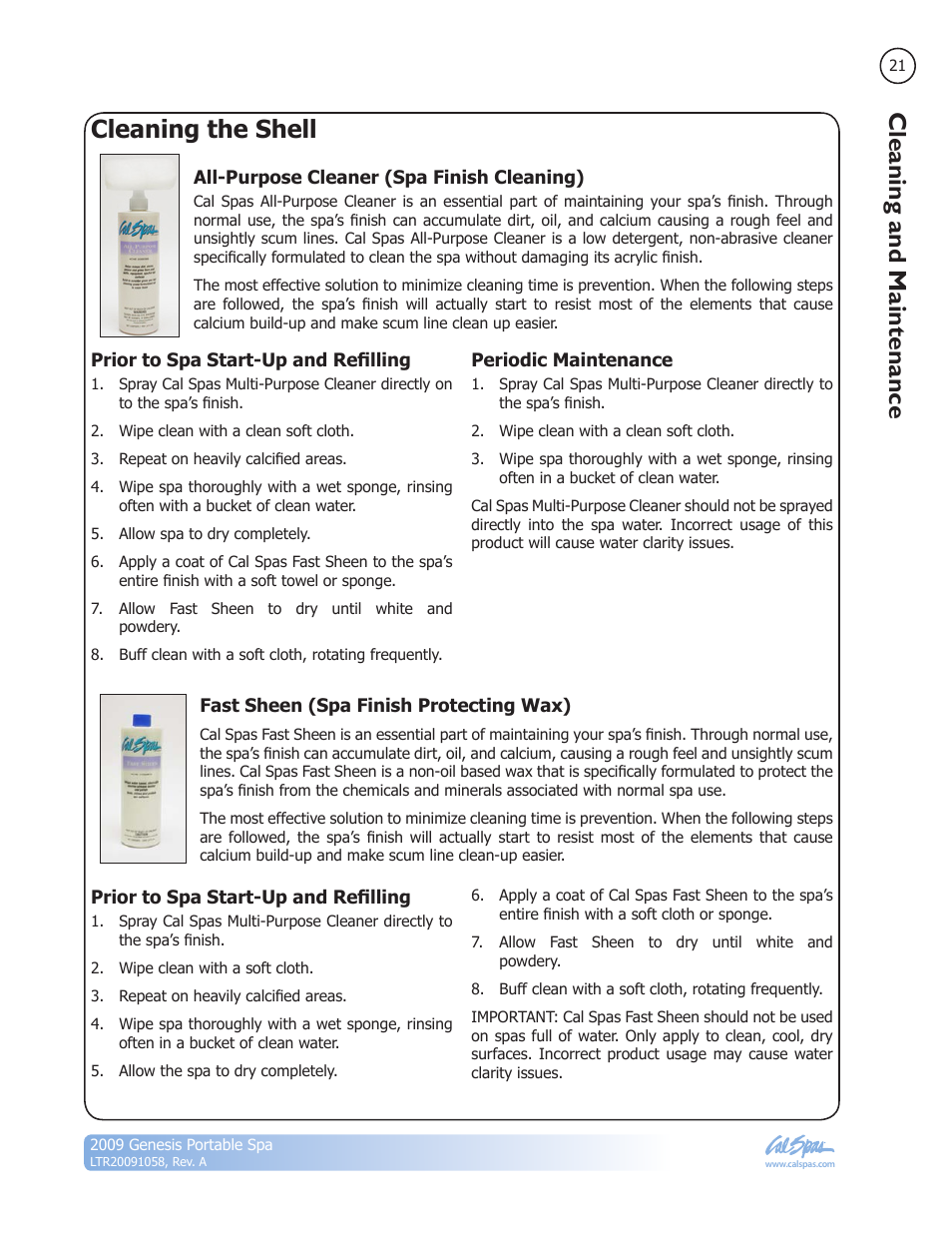 Cleaning the shell, Cleaning and maintenance | Cal Spas Genesis Portable Spa User Manual | Page 23 / 28