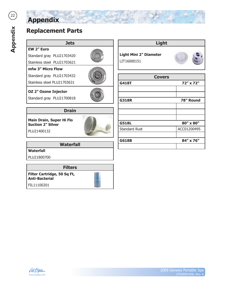 Appendix, Replacement parts | Cal Spas Genesis Portable Spa User Manual | Page 24 / 28