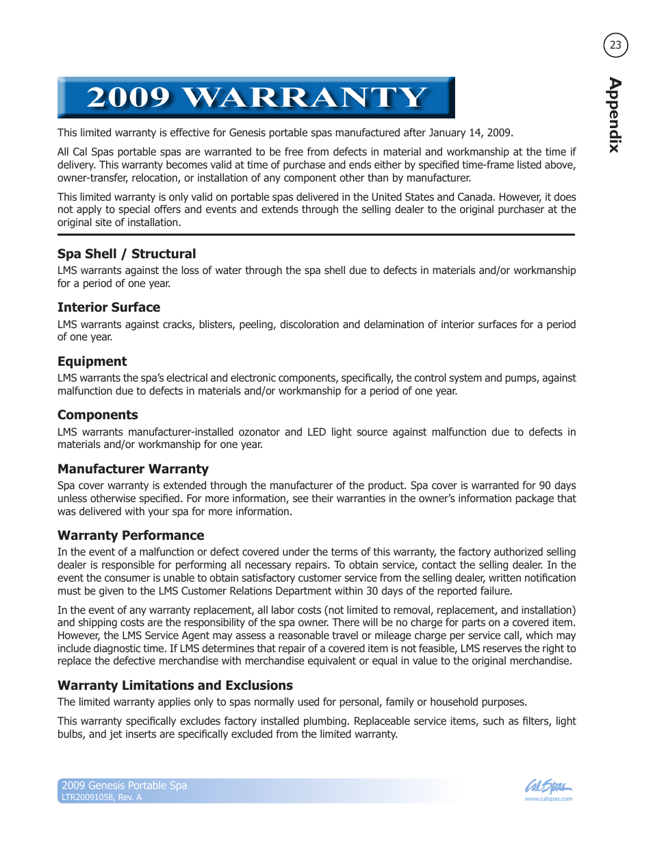 2009 warranty, Appendix | Cal Spas Genesis Portable Spa User Manual | Page 25 / 28