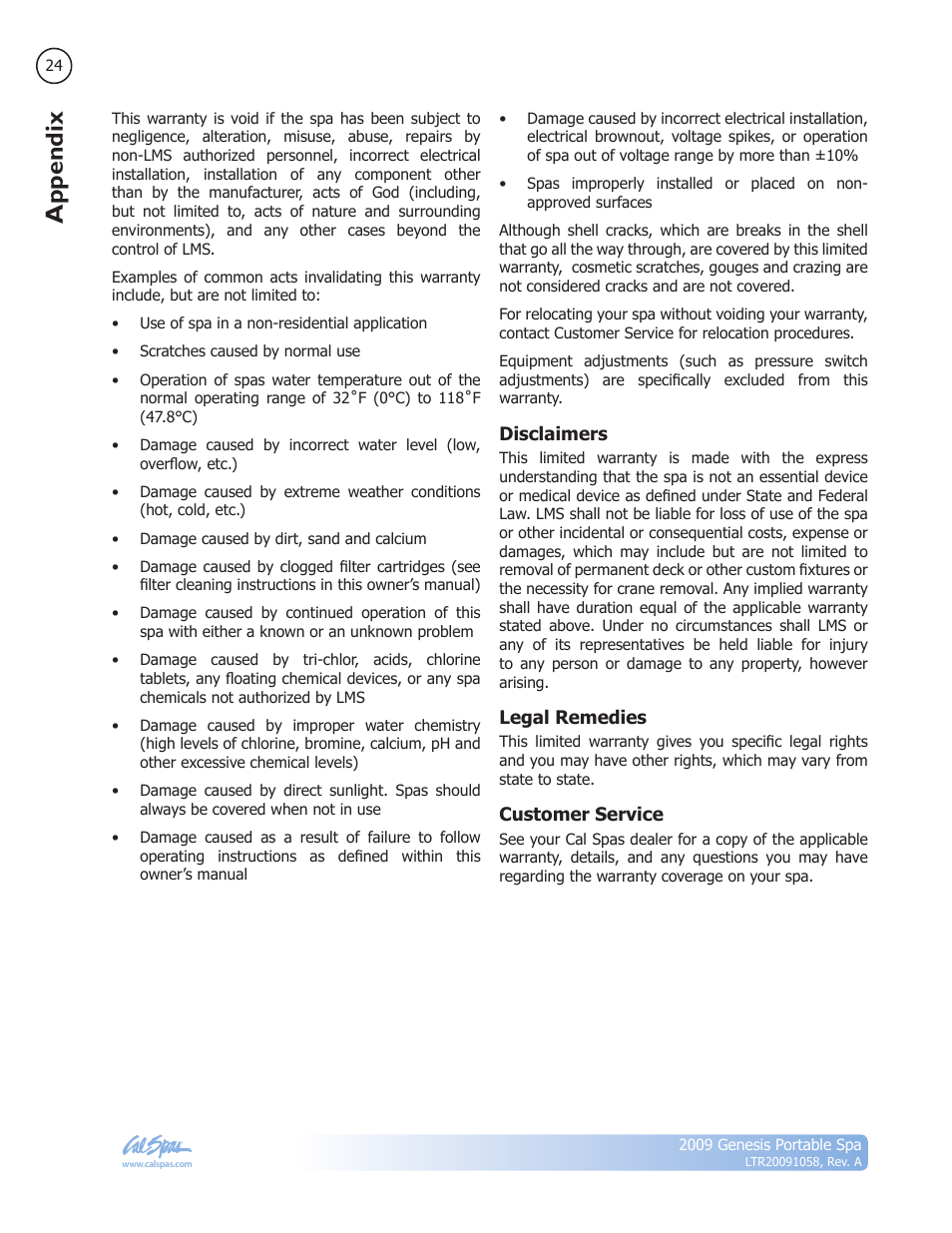 Appendix | Cal Spas Genesis Portable Spa User Manual | Page 26 / 28