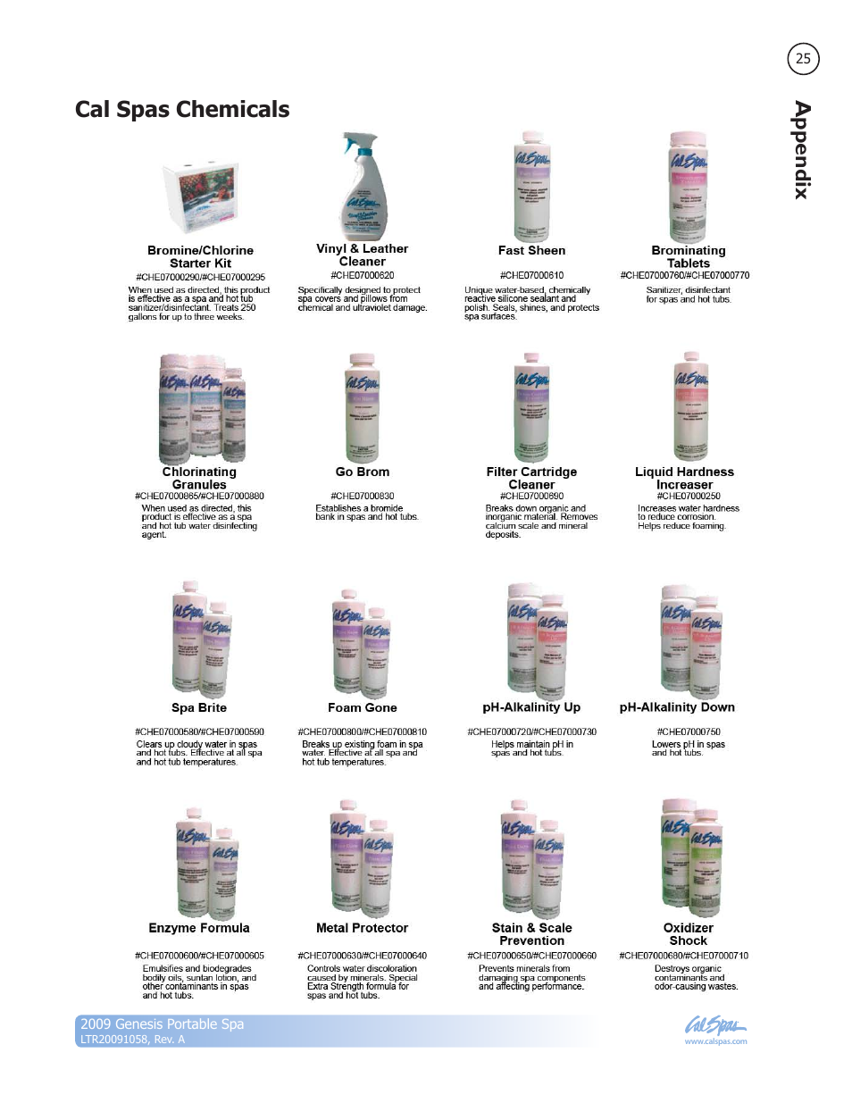 Cal spas chemicals, Appendix | Cal Spas Genesis Portable Spa User Manual | Page 27 / 28