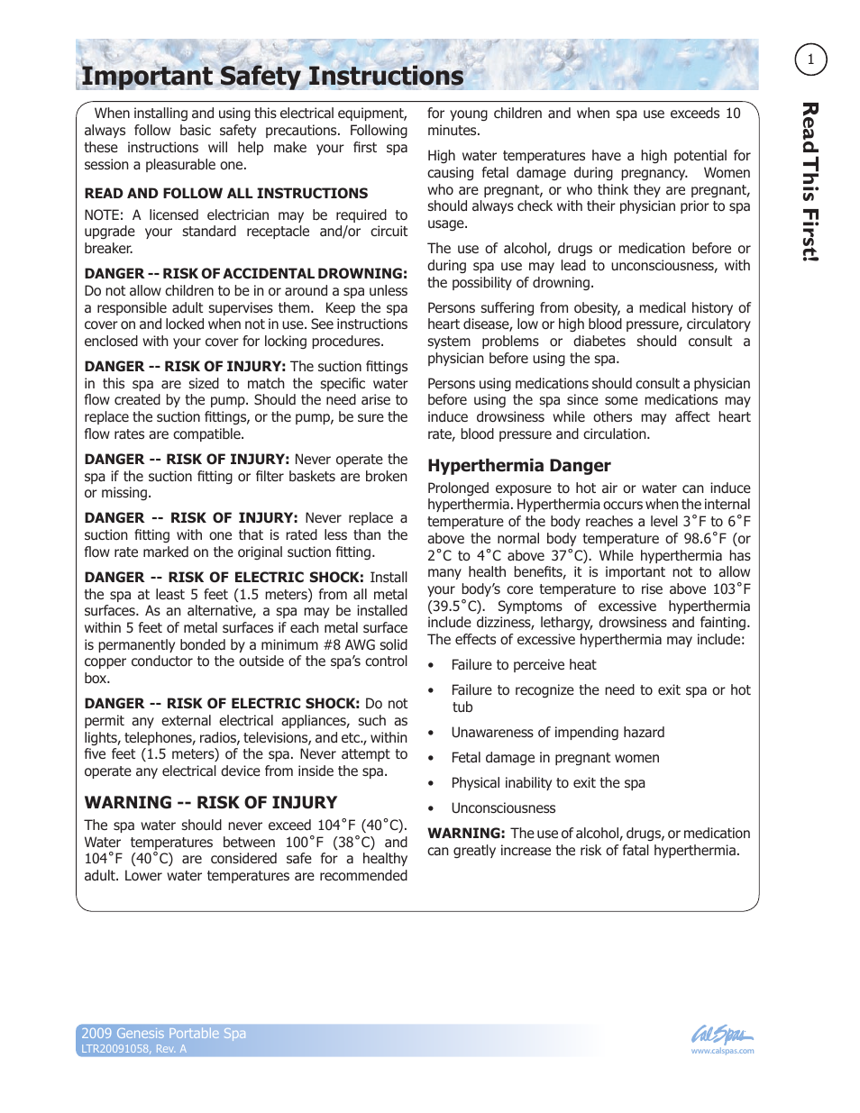 Important safety instructions, Read this first | Cal Spas Genesis Portable Spa User Manual | Page 3 / 28