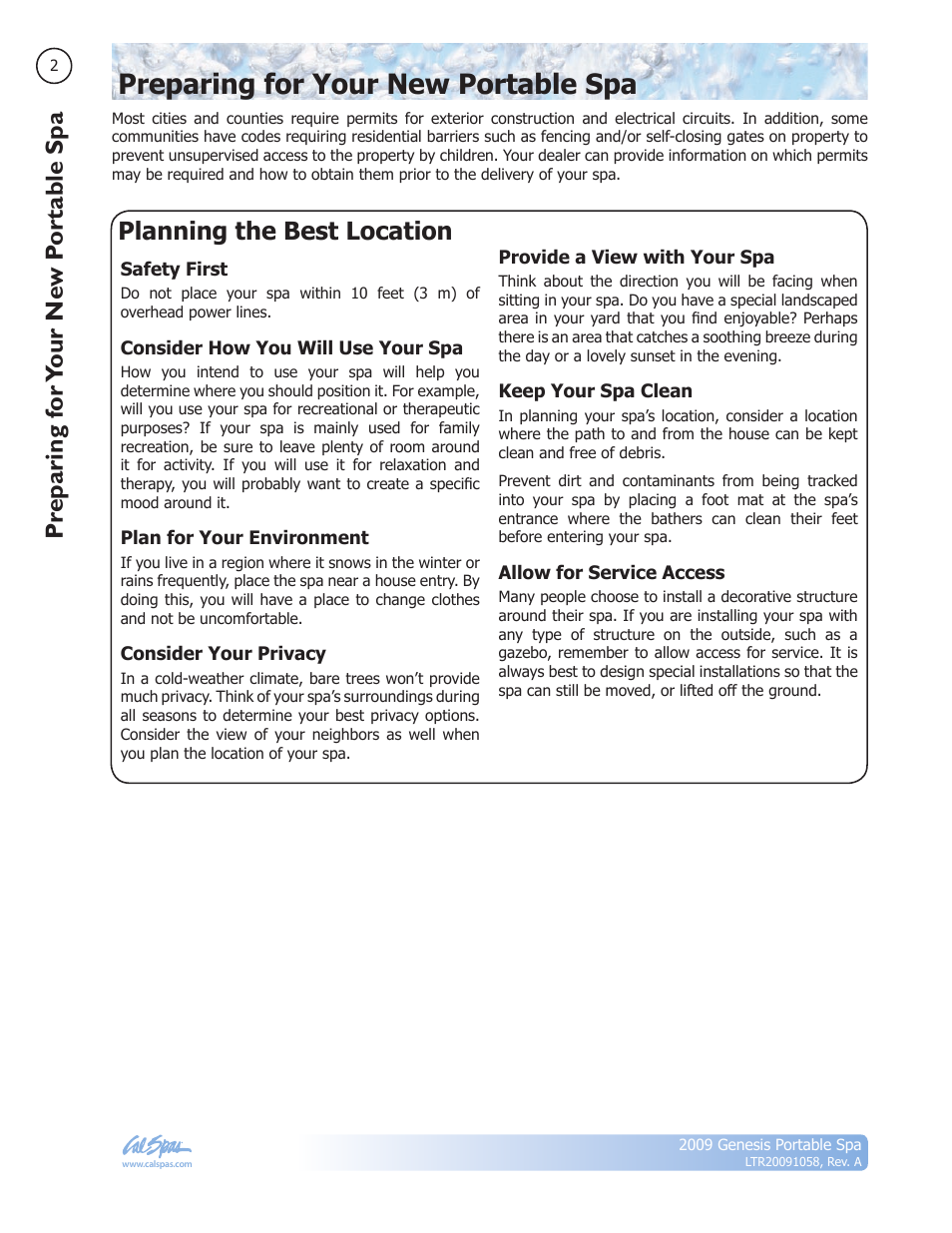 Preparing for your new portable spa, Planning the best location, Pr eparing f or your ne w p or tab le spa | Cal Spas Genesis Portable Spa User Manual | Page 4 / 28